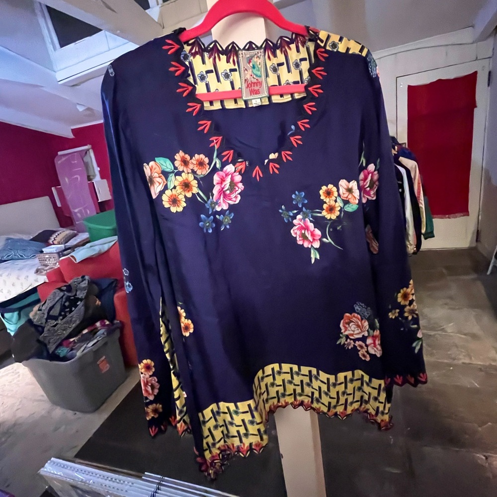 Johnny Was Stunning Silk & Embroidered Tunic Blouse